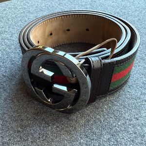 Gucci Brown Leather Belt with Green and Red Accents